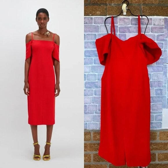 Victoria Beckham Off Shoulder Bandeau Dress in Tomato Red size 8 - Picture 1 of 16
